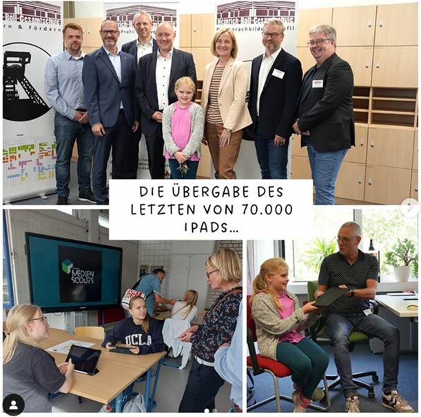 Auf dem Bild sieht man alle an der Übergabe beteiligten Personen. Auch ein Bild der Medienscouts in einem unserer Klassenzimmer vor der digitalen Tafel ist zu sehen. Das dritte Bild zeigt die Übergabe des 70000. iPads von Herrn Hülsken (IT- Koordinator der HBG) an Annike (Fünftklässlerin der Schule).